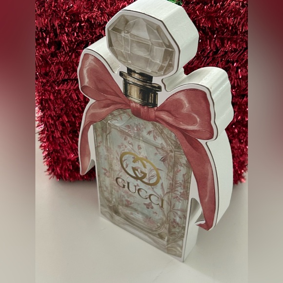 Gucci Inspired Floral Perfume Bottle Art Pink Ribbon Decor Luxury Vanity NWT - Picture 4 of 5